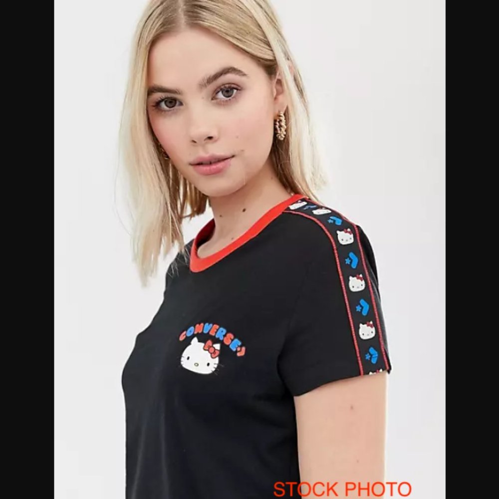 ❣️2/$36 Converse x Sanrio Hello Kitty Ribbon Patch Black Tape T-Shirt XS $40.00